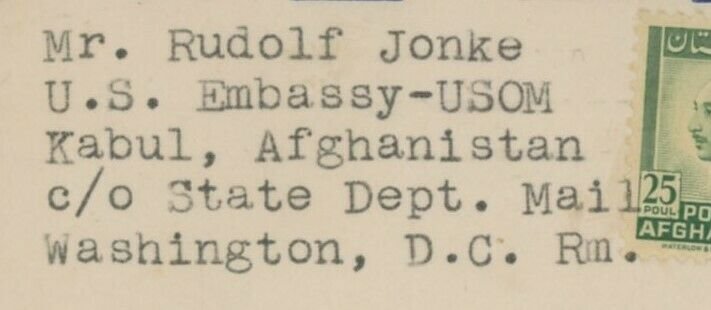 Kabul, Afghanistan to Miami, FL by Diplomatic Pouch, March 21, 1958