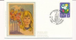 D86844 Sun Birds Flowers & Girl FDC Silk Cachet Belgium Bon-Secours