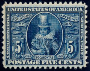 US 330 5c 1907 Jamestown Exposition Pocahontas blue F-VF PSAG cert unused OG LH