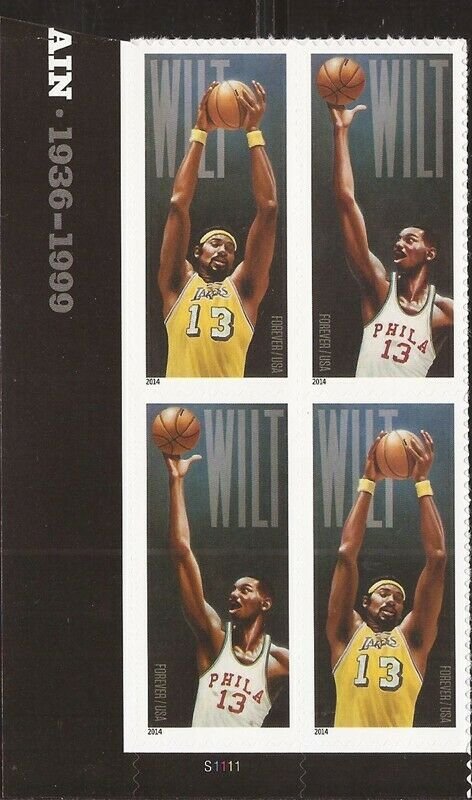 US Stamp 2014 Basketball Wilt Chamberlain 4 Stamp Plate Block - Scott #4950-1