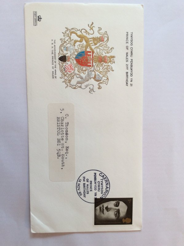 1969 Investiture 1/- FDC  Caernarvon Castle post mark to Bristol