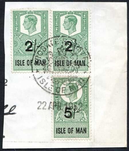 Isle of Man KGVI 5/- and 2 x 2/- Key Plate Type Revenues CDS on Piece