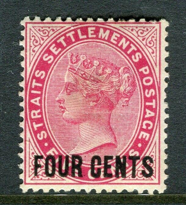 STRAITS SETTLEMENTS; 1899 early QV surcharged Mint hinged Shade of FOUR CENTS