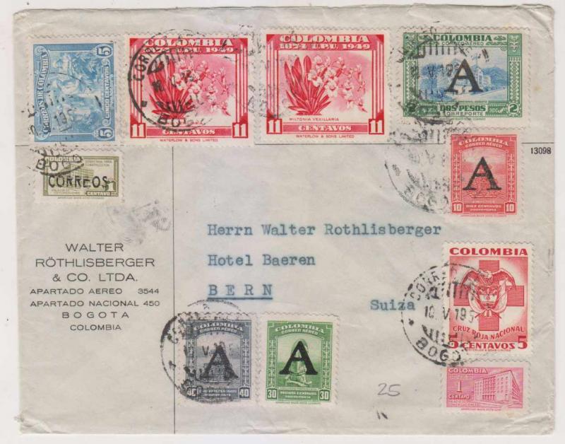 COLOMBIA 1952 AIRMAIL COVER BOGOTA-BERN WITH HIGH RATE 3.08P & 5c RED CROSS + 1c