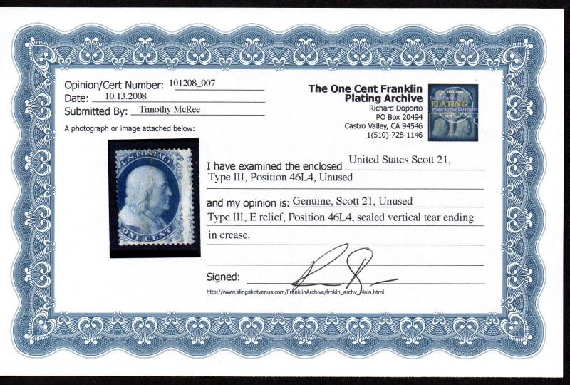 $US Sc#21 M/A, no gum, rare, Doporto cert., sealed tear, Cv. $6000