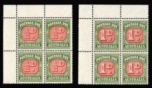 Australia #J87-87 Cat$51+, 1958 Postage Dues, 1/2p and 1p, blocks of four, ne...