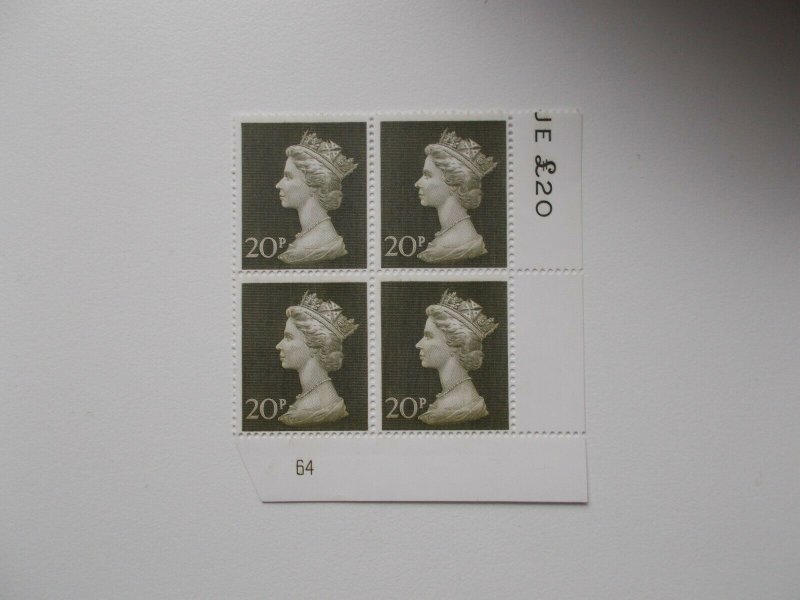 1970 20p Machin High Value in Plate Block of 4 (Plate 64) on Contractor's Paper