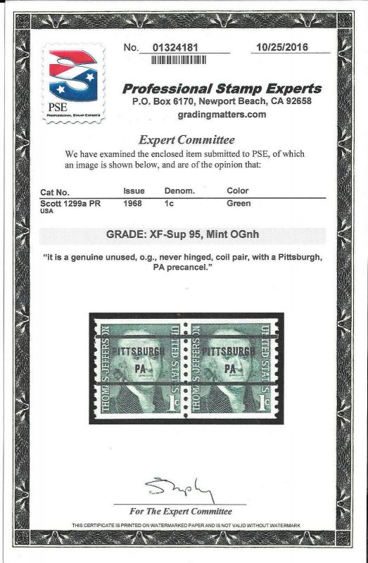 PSE 95 XF-Sup Mint OGnh Scott #1299a -1c Pair-PRECANCELED PITTSBURGH PA