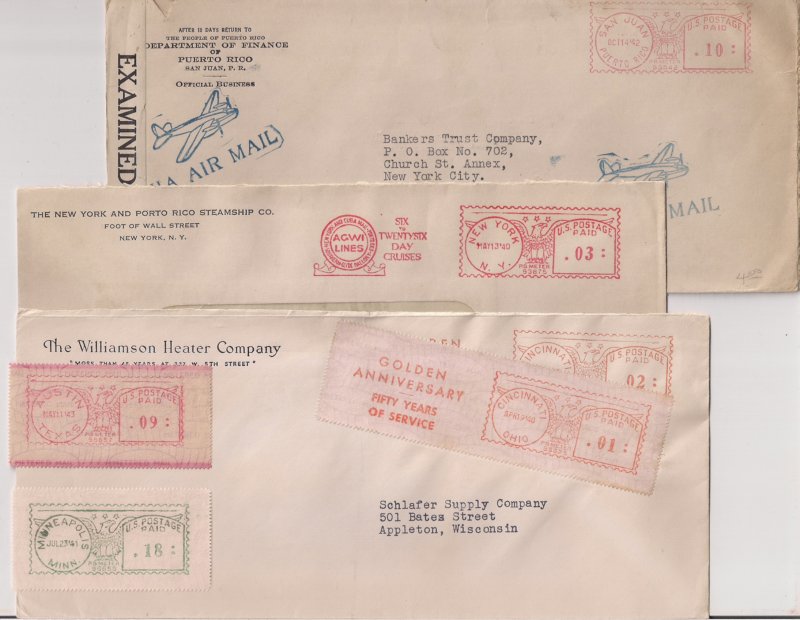 Type G METER STAMPS: 8 different incl PUERTO RICO CENSORED AIRMAIL to US Cool!