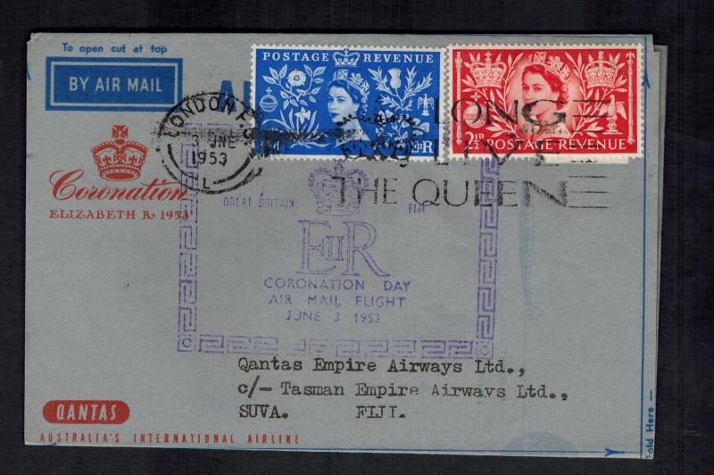 1953 England First Day Cover Queen Elizabeth II coronation QE2 Fiji Air Letter