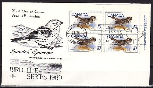 Canada, Scott cat. 497 only. Bird value, Block of 4. First day cover. ^