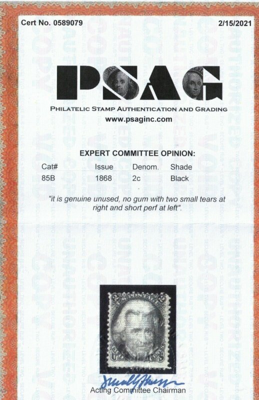 USA #85b Mint Fine Unused (No Gum) Z Grill - Two Small Tears *With Certificate* 