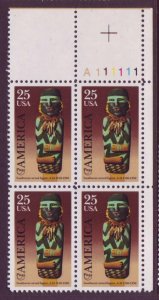 1989 Southwest Carved Figure Plate Block Of 4 25c Postage Stamps, Sc# 2426, MNH