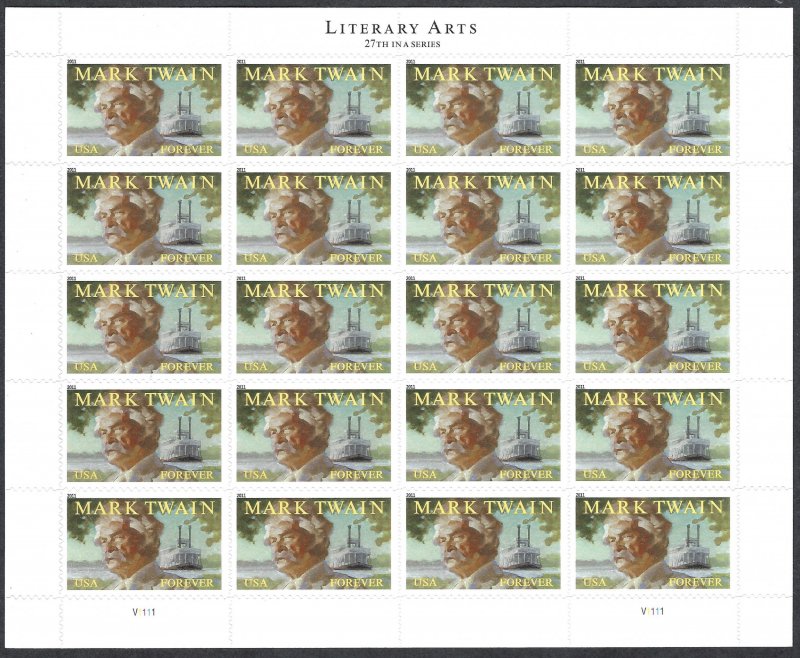 United States #4545 (44¢) Mark Twain (2011).  Mini-sheet of 20. MNH