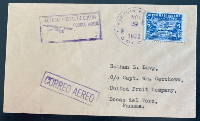1931 Colon Canal Zone Panama Airmail Cover To United Fruit Company Boca Del Toro