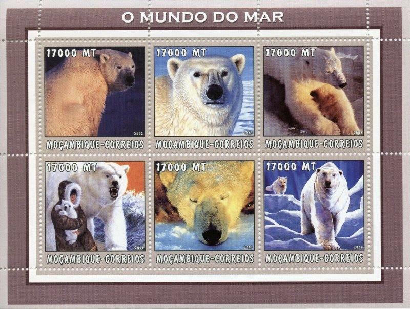 Mozambique Wild Animals Stamps 2002 MNH Polar Bears Bear 6v M/S