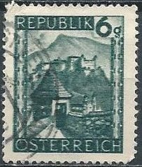 Austria 458 (used, pulled perf) 6g Hohensalzburg, dk slate green (1945)