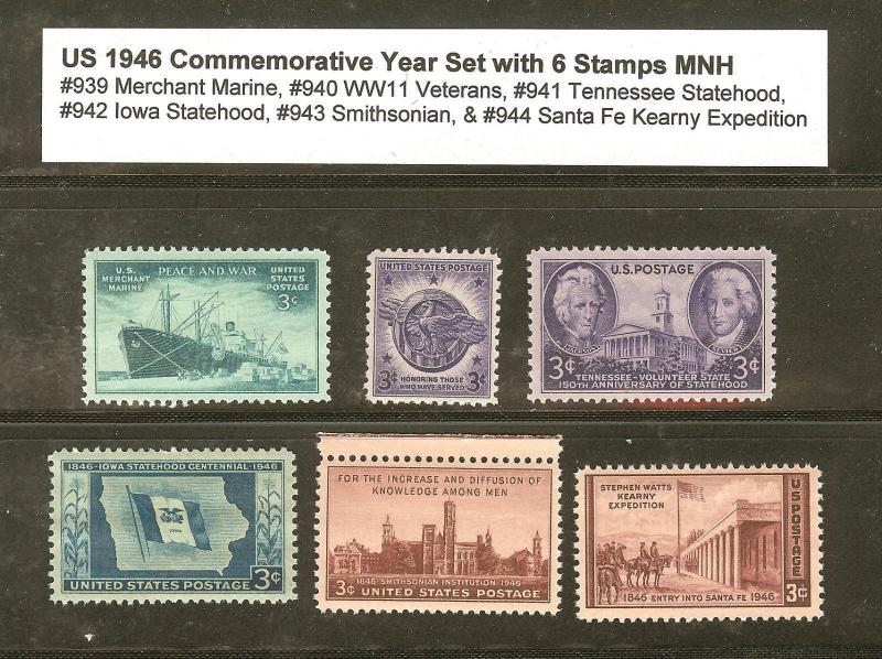 U.S. 1946 Commemorative Year Set 6 MNH Stamps