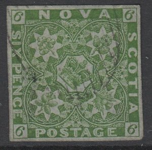 SG 5 Nova Scotia 1851-60. 6d yellow-green. Very fine used with a light grid