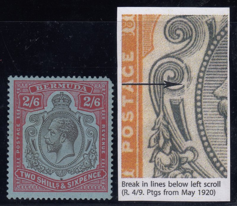 Bermuda, SG 89e, MLH (TR corner pull) Break in Lines Below Left Scroll variety