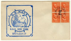 Prexie 1/2 Blk Battleship USS New York, unusual cancel, 1940
