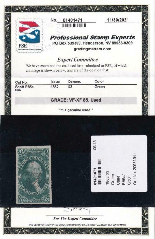 US: $3.00 Charter Party, Sc #R85a W/PSE Cert., Graded 85 (44827)