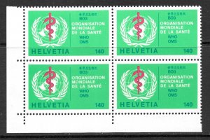 SWITZERLAND 1986 140c WHO ORG OFFICIAL BLK4 Sc 5O40 MNH