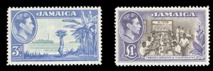 Jamaica #140-141 Cat$64.50, 1949 George VI 3p and £1, never hinged