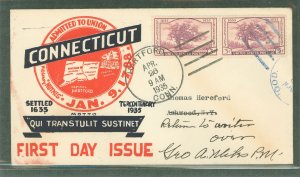 US 772 1935 3c Connecticut Tercentenary (Charter Oak) pairon a redirected addressed first day cover with a William Weiss cachet.