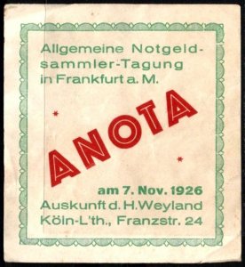 1926 Germany Poster Stamp ANOTA Notgeld General Emergency Money Collectors