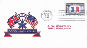 1943 FDC, #915, 5c Overrun Country - France, patriotic (neighbors)