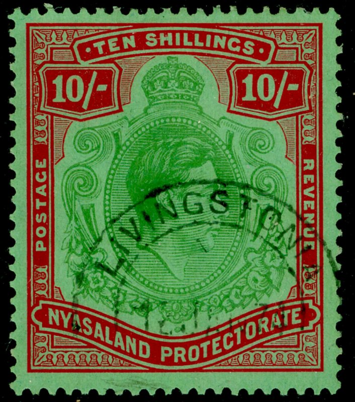 NYASALAND PROTECTORATE SG142, 10s emerald & dp red/pale grn, FU, CDS. Cat £80.