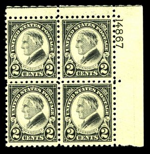 U.S. #612 MINT PL# BLOCK OF 4 OG LH DIST. GUM