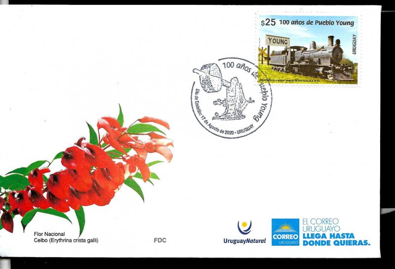 URUGUAY 2020 TRAIN RAILROAD YOUNG VILLAGE CENTENARY FDC 