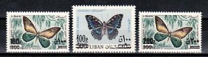 Lebanon, Scott cat. C654-C656. Butterflies Surcharged issue.