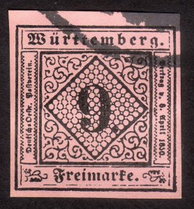 1851, Germany Wurttemberg 9Kr, Used, Sc 5, Forgery