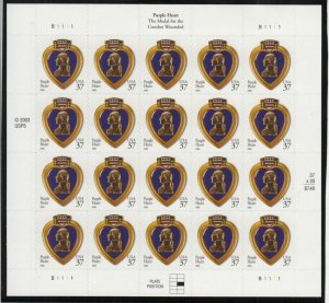 2003 Purple Heart 37c self-adhesive Sc 3784 full sheet of 20 MNH B1111