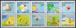 Sweden 1739-48 MNH 1989 block of 10 from bklt, been folded (SSB)(ad4921)