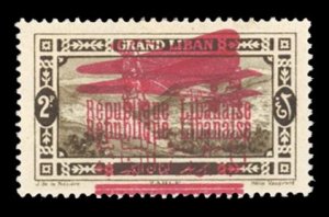 Lebanon #C25var (YT 31b) Cat€90, 1928 2p dark brown, overprint double, hing...