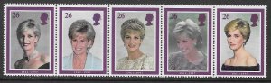 Geat Britain #1791-1795a 26p Dianna Princess of Wales strip of 5 (MNH) CV $3.00