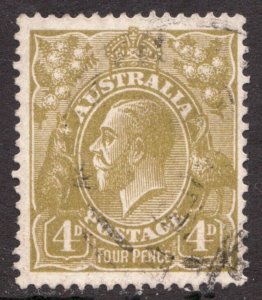 1929 Australia Sc #73 - 4p - KGV, Kangaroo & Emu postage stamp - Cv$7