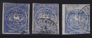 Ecuador 1865-72 Medio Real Ultramarine x 3 Shades Used. Scott 2