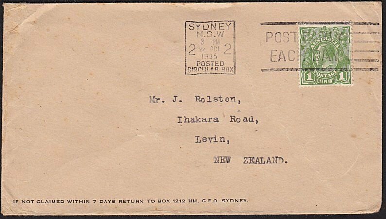AUSTRALIA 1935 GV 1d on cover to NZ - SYDNEY POSTED CIRCULAR BOX cancel....69283