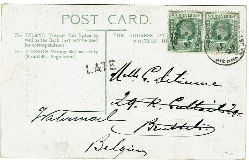 Sierra Leone 1909 Freetown cancel on postcard to Belgium, LATE handstamp