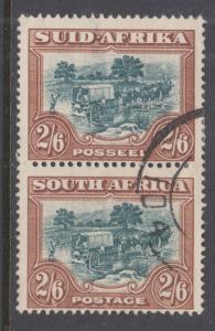 South Africa Sc 44c used. 1936 2sh6p Trekking, bi-lingual pair, shallow thin