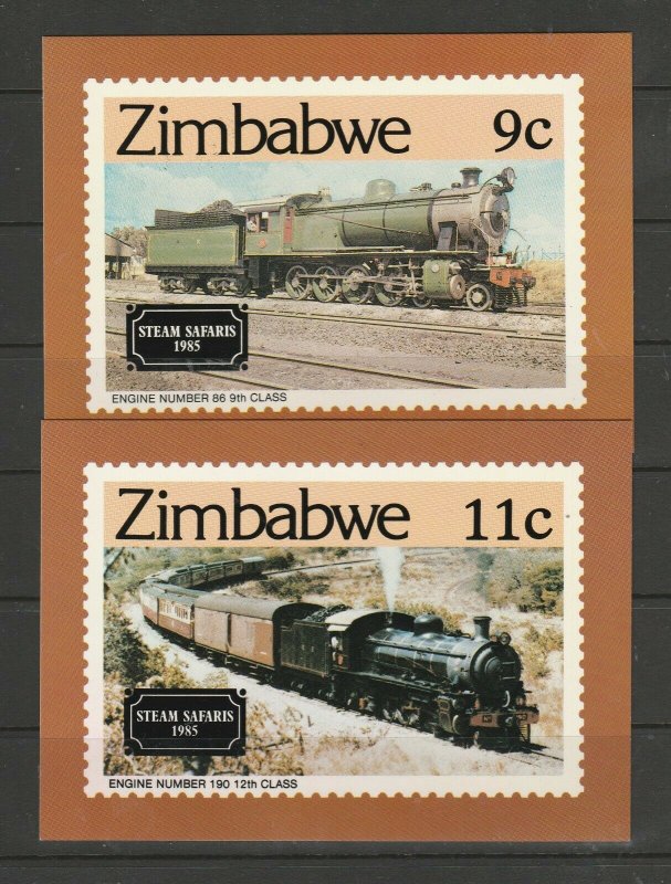 Zimbabwe 1985 set of 4 postcards for Trains, with stamps First day on reverse