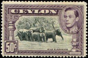 Ceylon SC# 286d  SG# 394b  Wild Elephants 50c perf 13-1/2 MH