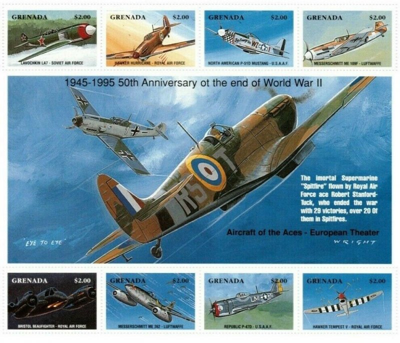 Grenada 1995 - VE Day - Military Aircraft - Sheet Of 8 stamps - Scott #2424 MNH