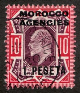 Bold Color : 1907 G.B. Morocco Agencies Sc #42 - 1 Peseta KEVII  Used  Cv$22.50