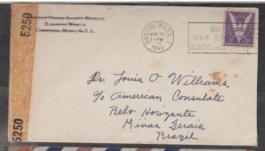U.S. Scott #905 Win the War Cover - Airmail Examined by 5250 - Boston to Brazil